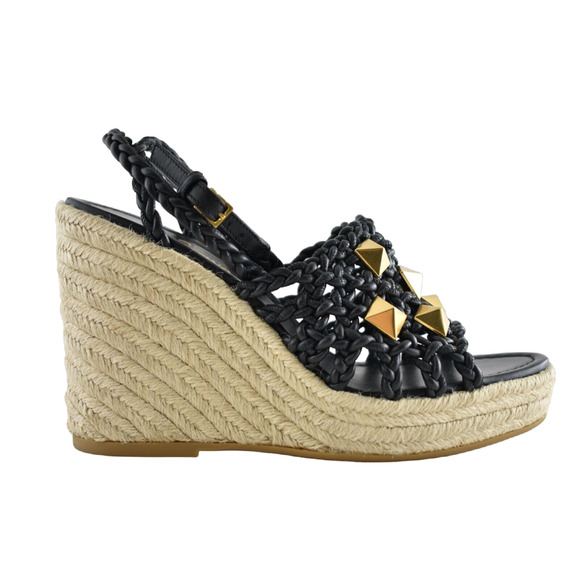 Valentino Rockstud Roman Stud Black Leather Espadrille Wedge Lace Up Sandal 40 - Picture 1 of 10